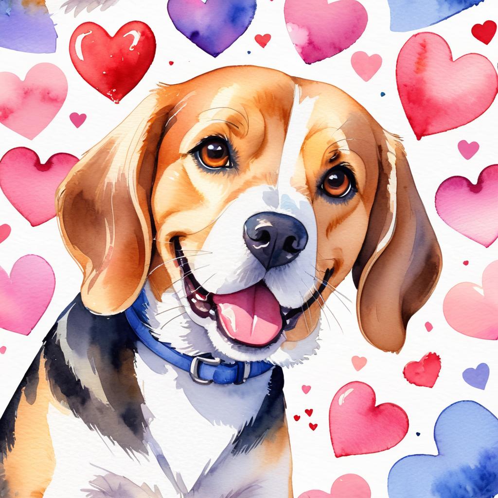 watercolor painting of beagle with hearts, capturing a lovely, cute, and happy expression in vibrant, detailed style.