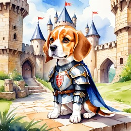 watercolor painting of beagle as a medieval knight in a vibrant, detailed castle scene.