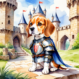 watercolor painting of beagle as a medieval knight in a vibrant, detailed castle scene.