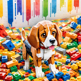 watercolor painting of beagle as lego bricks, vibrant and detailed in a playful lego environment.