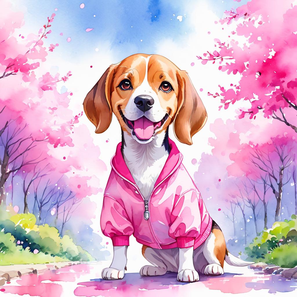 watercolor illustration of beagle in pink clothing, set in a beautiful pink scene, looking happy and vibrant.