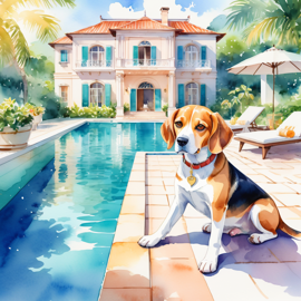 watercolor illustration of beagle suntanning next to a luxurious villa pool, capturing a posh and vibrant scene.