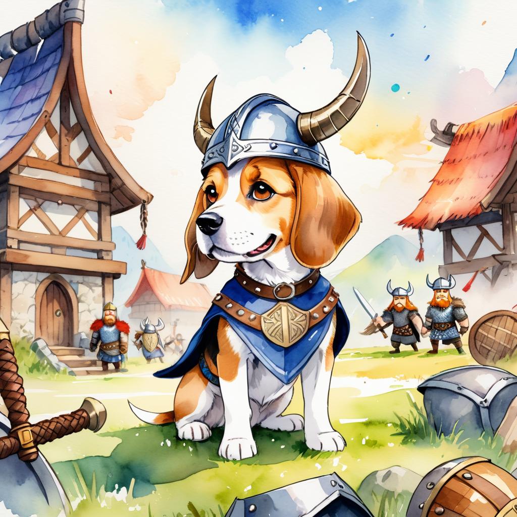 watercolor painting of beagle as a viking, wearing traditional armor and helmet, in a vibrant viking environment.