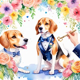 watercolor painting of beagle at a wedding in a beautiful wedding suit, looking cute and happy in a vibrant, detailed style.