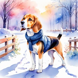 watercolor painting of beagle in a beautiful winter scene, wearing stylish winter clothing, looking cute and happy.