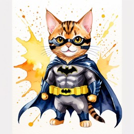 watercolor painting of bengal cat as batman, wearing batman suit and mask, vibrant and detailed.