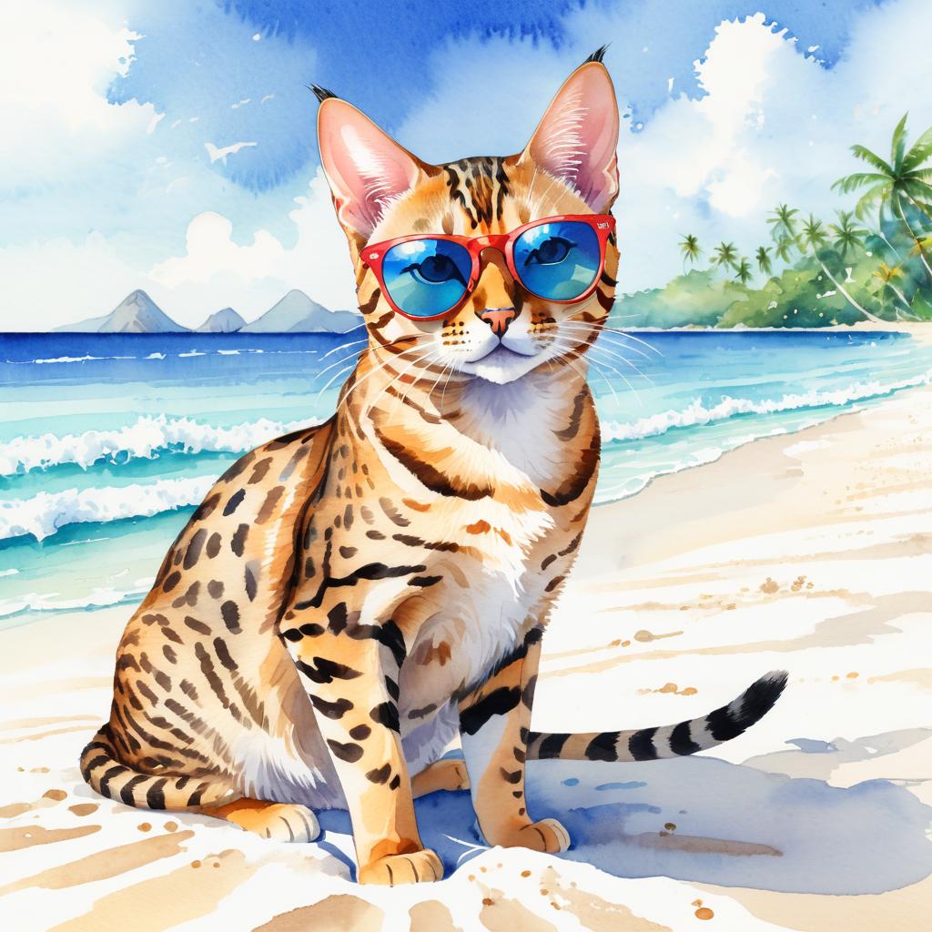 watercolor painting of bengal cat on a beach with white sand and blue sea, wearing sunglasses.