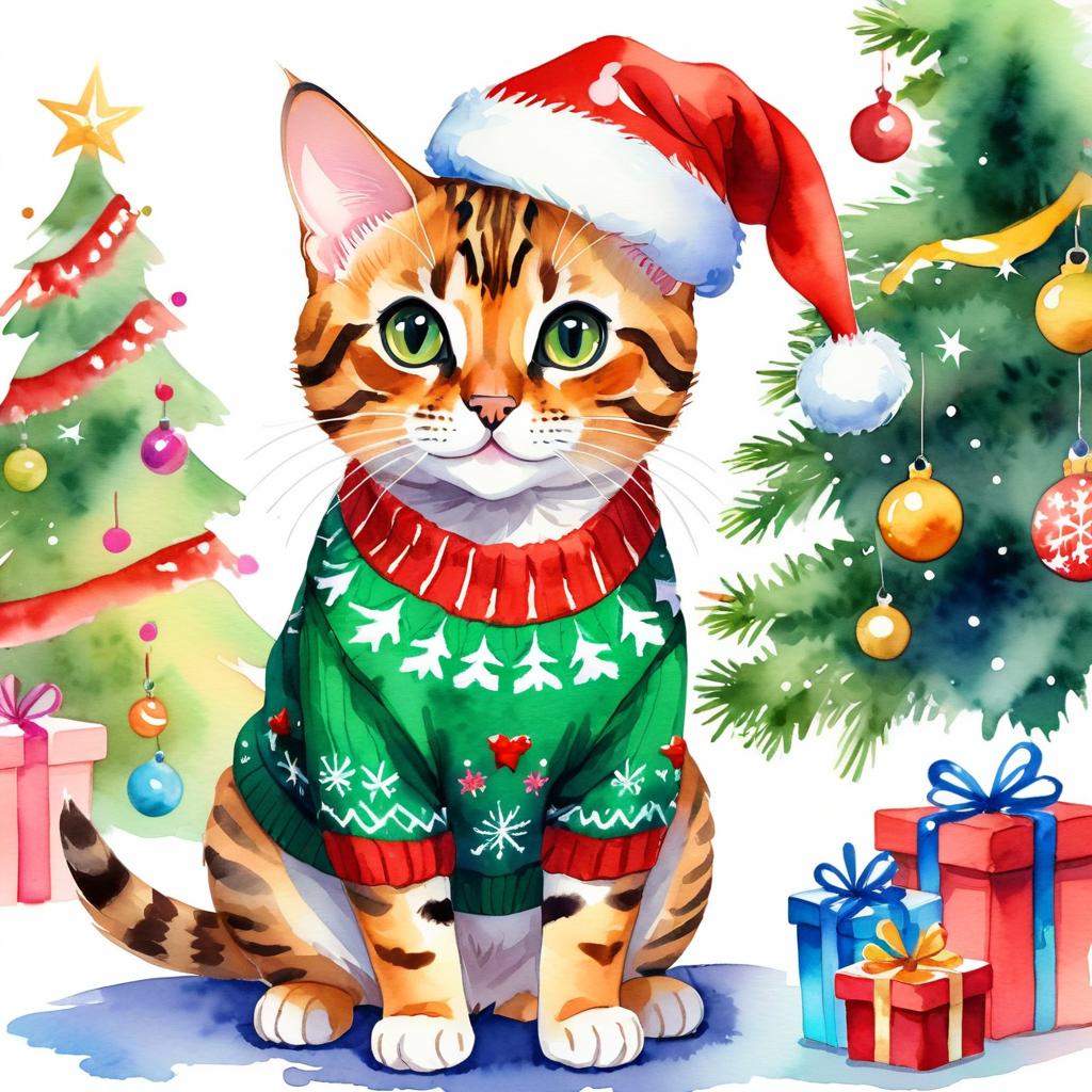 watercolor painting of bengal cat in a christmas sweater and santa hat, festive and vibrant.