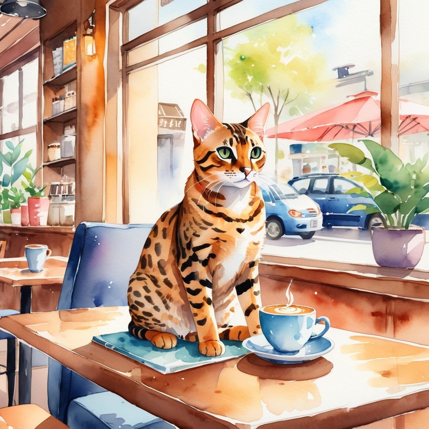 watercolor painting of bengal cat sitting in a cozy coffee shop, vibrant and detailed.