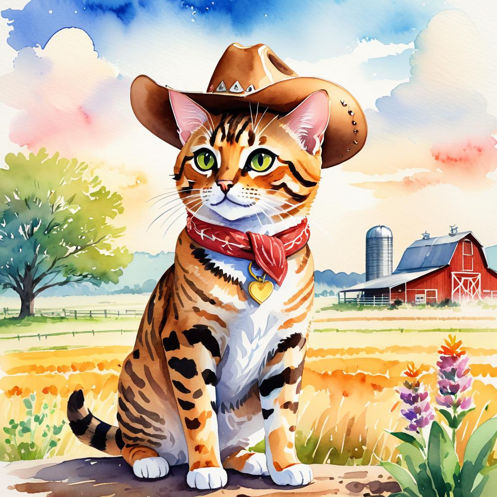 watercolor painting of bengal cat as a cowboy wearing a hat, in the midwest countryside, on a farm.