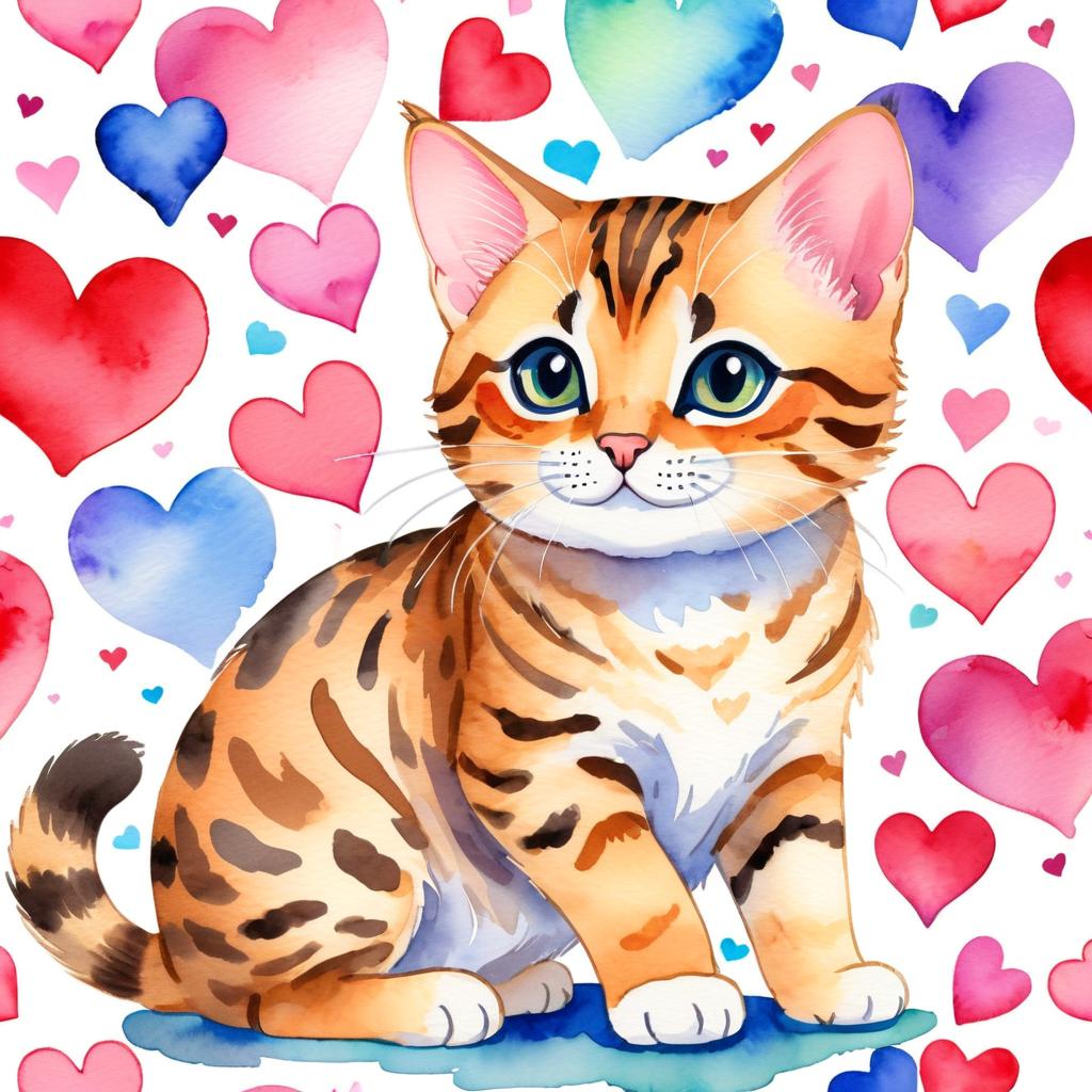 watercolor painting of bengal cat with hearts, capturing a lovely, cute, and happy expression in vibrant, detailed style.