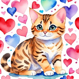 watercolor painting of bengal cat with hearts, capturing a lovely, cute, and happy expression in vibrant, detailed style.