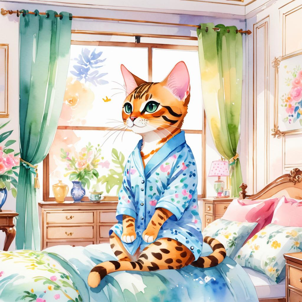 watercolor illustration of bengal cat in cute pyjamas, relaxing in a posh bedroom, capturing a vibrant and happy scene.