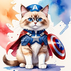 watercolor painting of birman cat as captain america from avengers, vibrant and detailed.