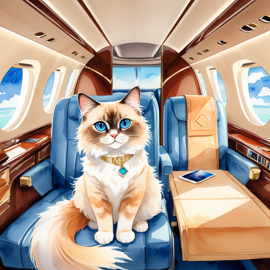 watercolor illustration of birman cat in a gulfstream private jet, dressed in elegant clothing, capturing a posh and vibrant scene.