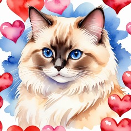 watercolor painting of birman cat with hearts, capturing a lovely, cute, and happy expression in vibrant, detailed style.