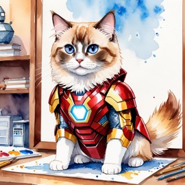 watercolor painting of birman cat as iron man, featuring a vibrant and detailed iron man costume in an artistic style.