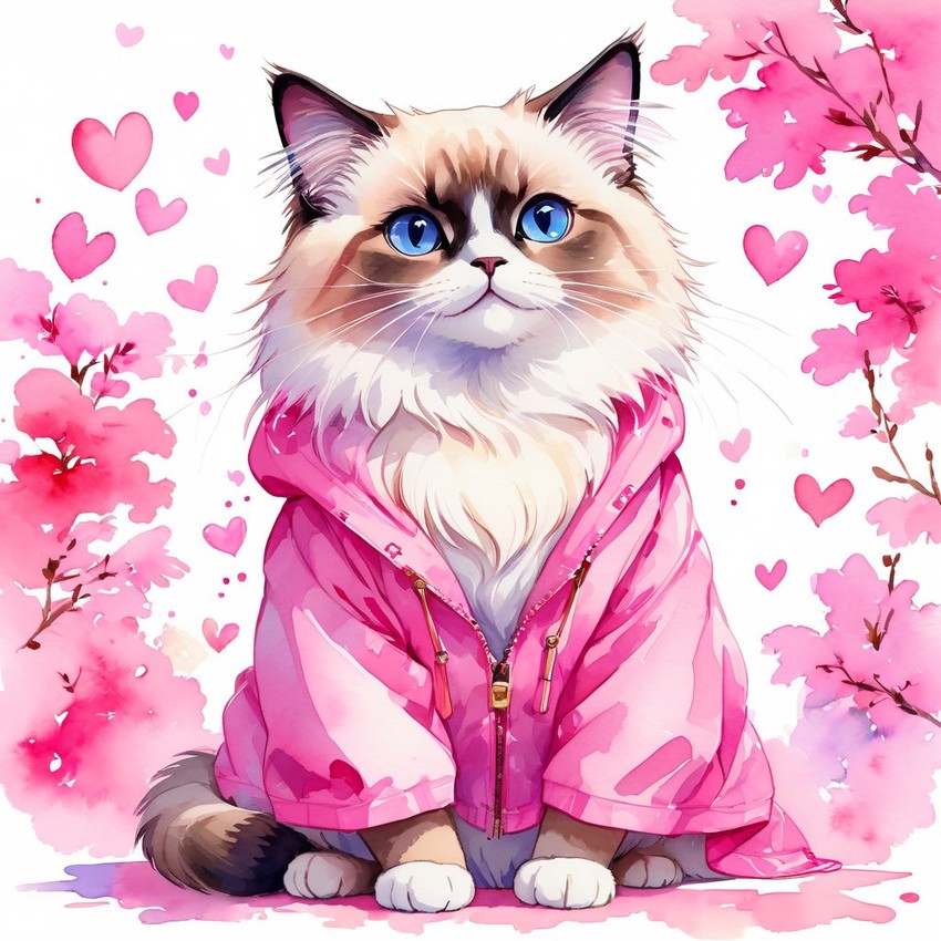 watercolor illustration of birman cat in pink clothing, set in a beautiful pink scene, looking happy and vibrant.