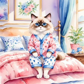 watercolor illustration of birman cat in cute pyjamas, relaxing in a posh bedroom, capturing a vibrant and happy scene.