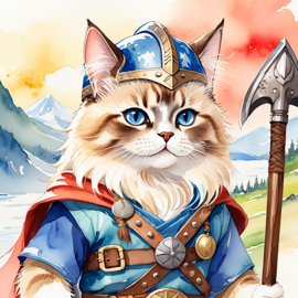 watercolor painting of birman cat as a viking, wearing traditional armor and helmet, in a vibrant viking environment.