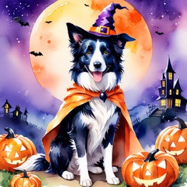 watercolor illustration of border collie in a halloween costume with a vibrant and festive atmosphere surrounded by pumpkins.