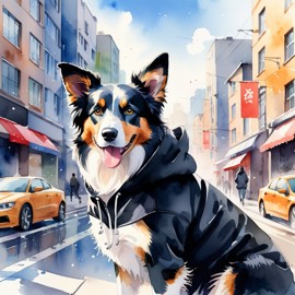 watercolor painting of border collie in a black hoodie, showcasing a vibrant urban environment with a cute and happy appearance.