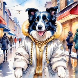 watercolor painting of border collie in a white puffer coat with golden hip hop chains, set in a posh urban environment.