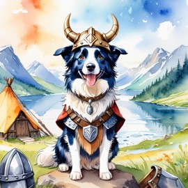 watercolor painting of border collie as a viking, wearing traditional armor and helmet, in a vibrant viking environment.