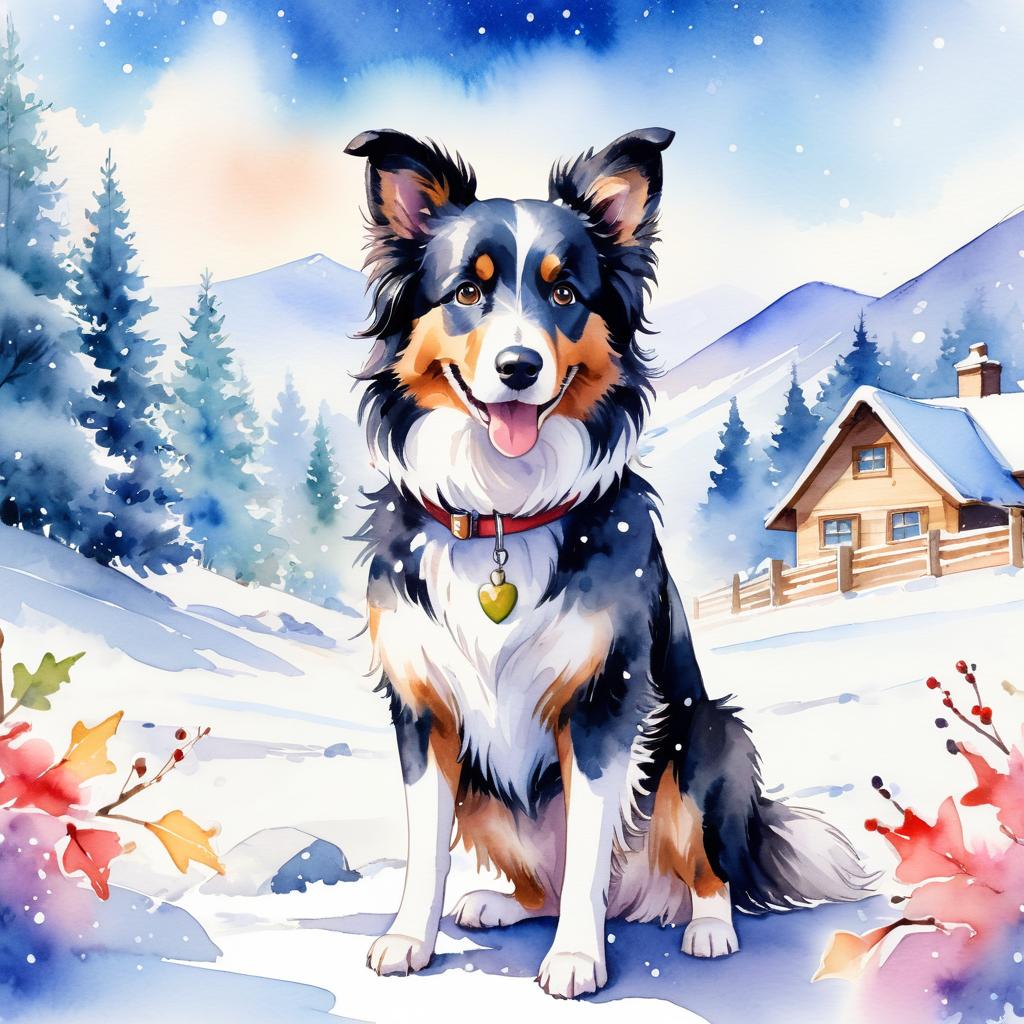 watercolor painting of border collie in a beautiful winter scene, wearing stylish winter clothing, looking cute and happy.