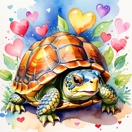 watercolor painting of box turtle turtle/tortoise with hearts, capturing a lovely, cute, and happy expression in vibrant, detailed style.