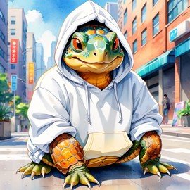 watercolor painting of box turtle turtle/tortoise in a white hoodie, featuring a vibrant and detailed urban scene with a happy and cute look.