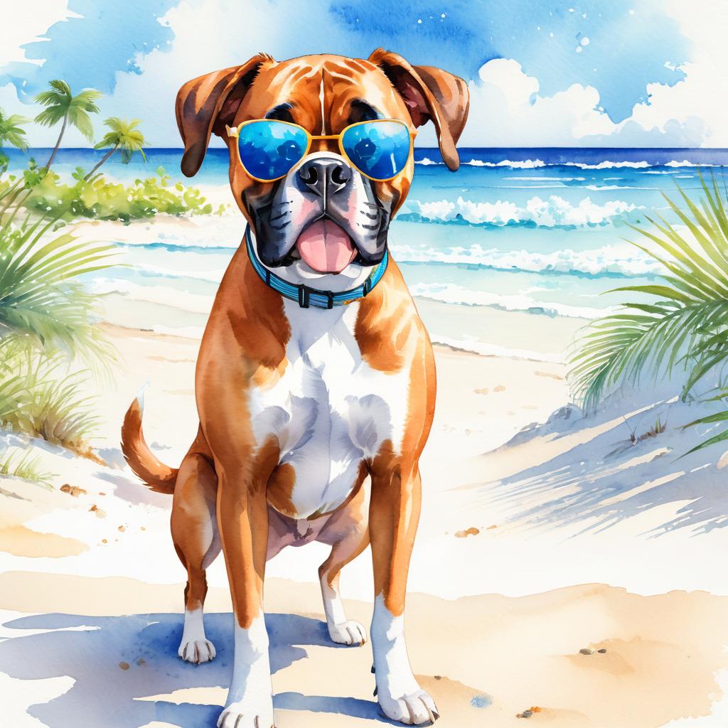 watercolor painting of boxer on a beach with white sand and blue sea, wearing sunglasses.