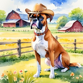 watercolor painting of boxer as a cowboy wearing a hat, in the midwest countryside, on a farm.