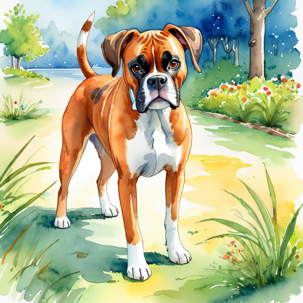 watercolor illustration of boxer in children's book style, vibrant and detailed, drawn by don freedman.