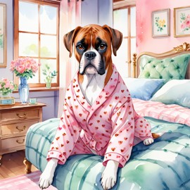 watercolor illustration of boxer in cute pyjamas, relaxing in a posh bedroom, capturing a vibrant and happy scene.