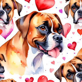 watercolor painting of boxer with hearts, capturing a lovely, cute, and happy expression in vibrant, detailed style.