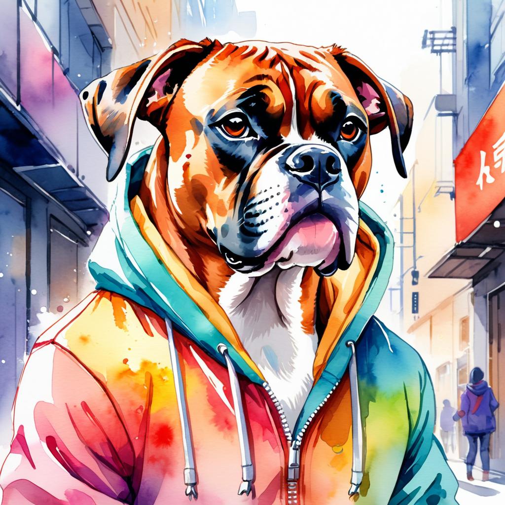 watercolor painting of boxer in a colorful hoodie, set in a vibrant urban setting, capturing a detailed and happy mood.