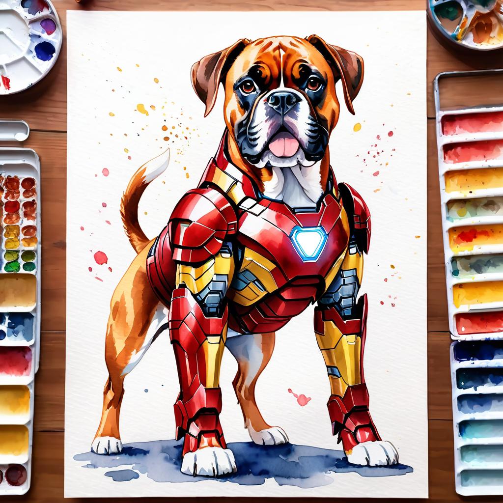 watercolor painting of boxer as iron man, featuring a vibrant and detailed iron man costume in an artistic style.