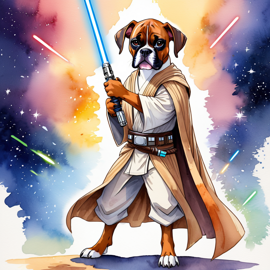 watercolor painting of boxer as a jedi knight, holding a lightsaber with a star wars backdrop in a vibrant, detailed style.