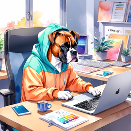 watercolor illustration of boxer as a programmer, working on a laptop in a hoodie, capturing a cute and vibrant scene.