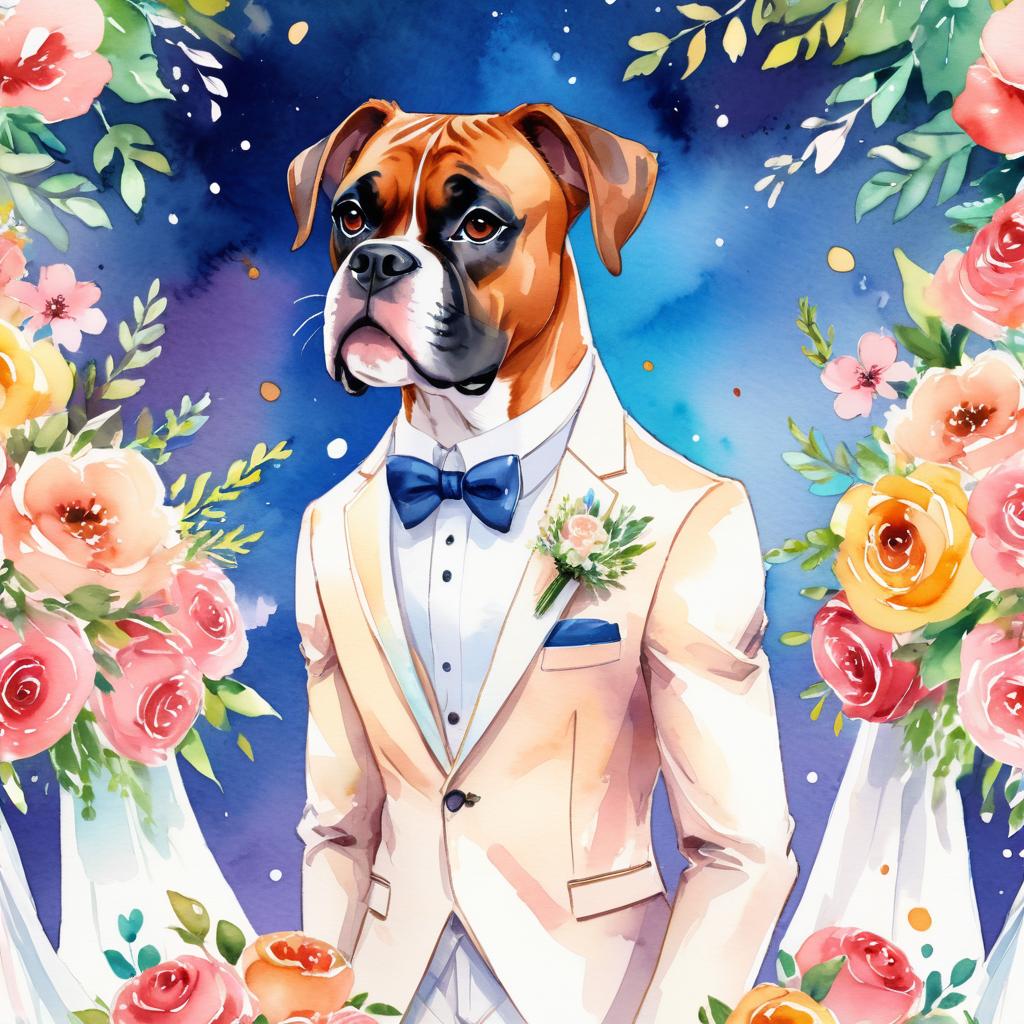 watercolor painting of boxer at a wedding in a beautiful wedding suit, looking cute and happy in a vibrant, detailed style.