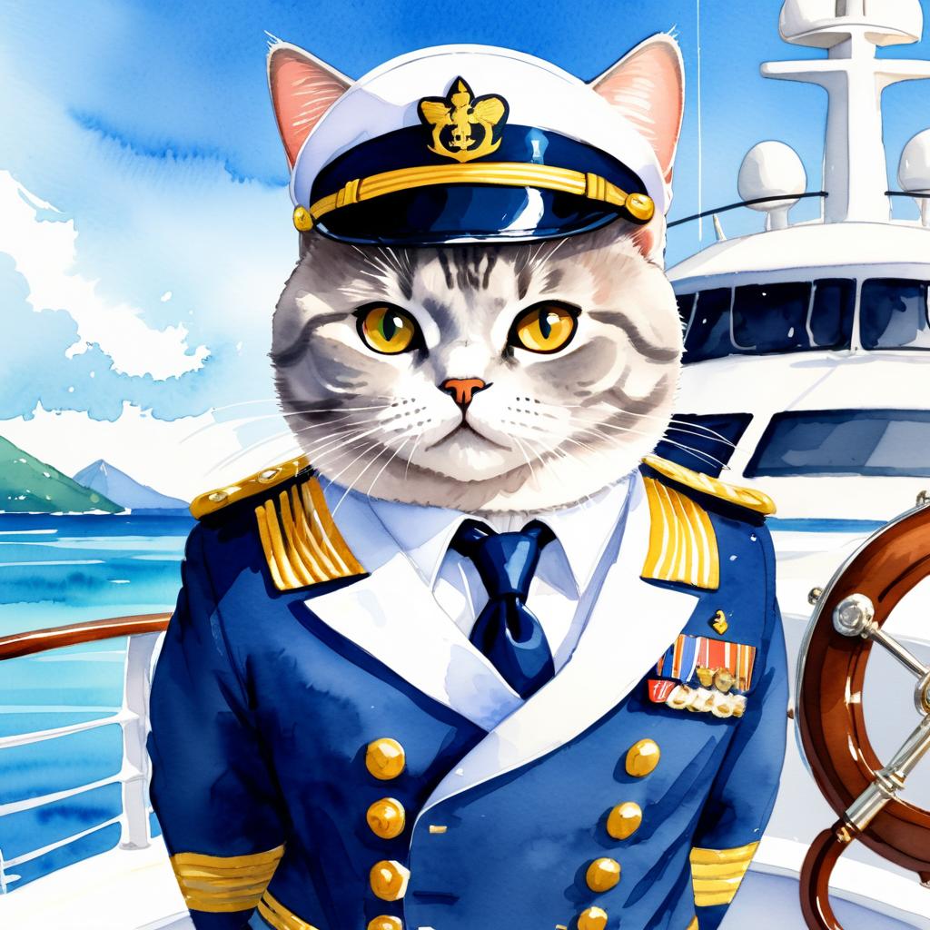 watercolor painting of british shorthair cat as a captain on a luxury yacht, wearing captain uniform, vibrant and detailed.