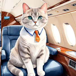 watercolor illustration of british shorthair cat in a gulfstream private jet, dressed in elegant clothing, capturing a posh and vibrant scene.