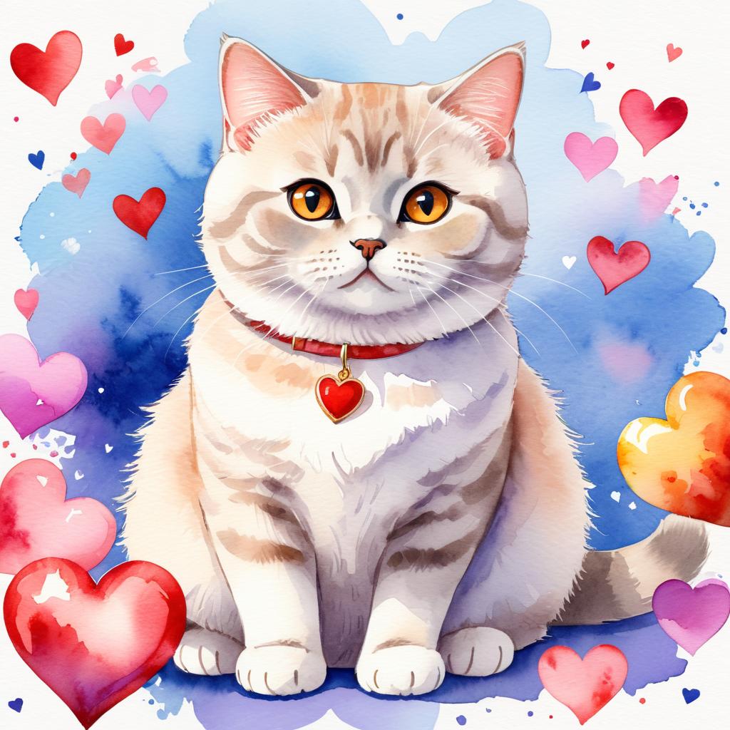 watercolor painting of british shorthair cat with hearts, capturing a lovely, cute, and happy expression in vibrant, detailed style.