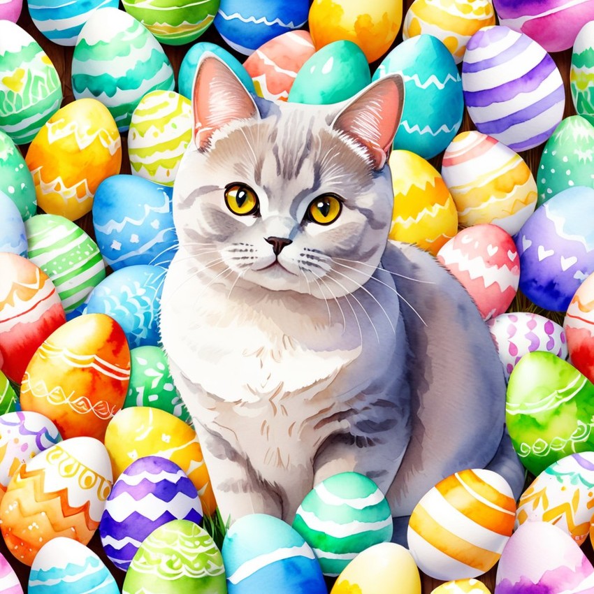 watercolor painting of british shorthair cat in a vibrant easter scene with colorful eggs, highly detailed and joyful.