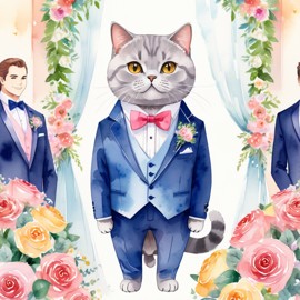 watercolor painting of british shorthair cat at a wedding in a beautiful wedding suit, looking cute and happy in a vibrant, detailed style.