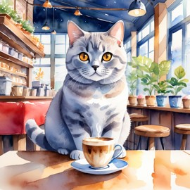 watercolor painting of british shorthair cat sitting in a cozy coffee shop, vibrant and detailed.