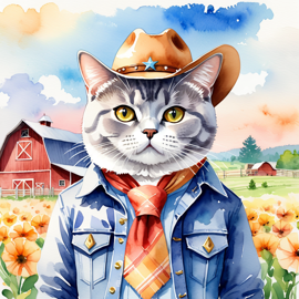 watercolor painting of british shorthair cat as a cowboy wearing a hat, in the midwest countryside, on a farm.