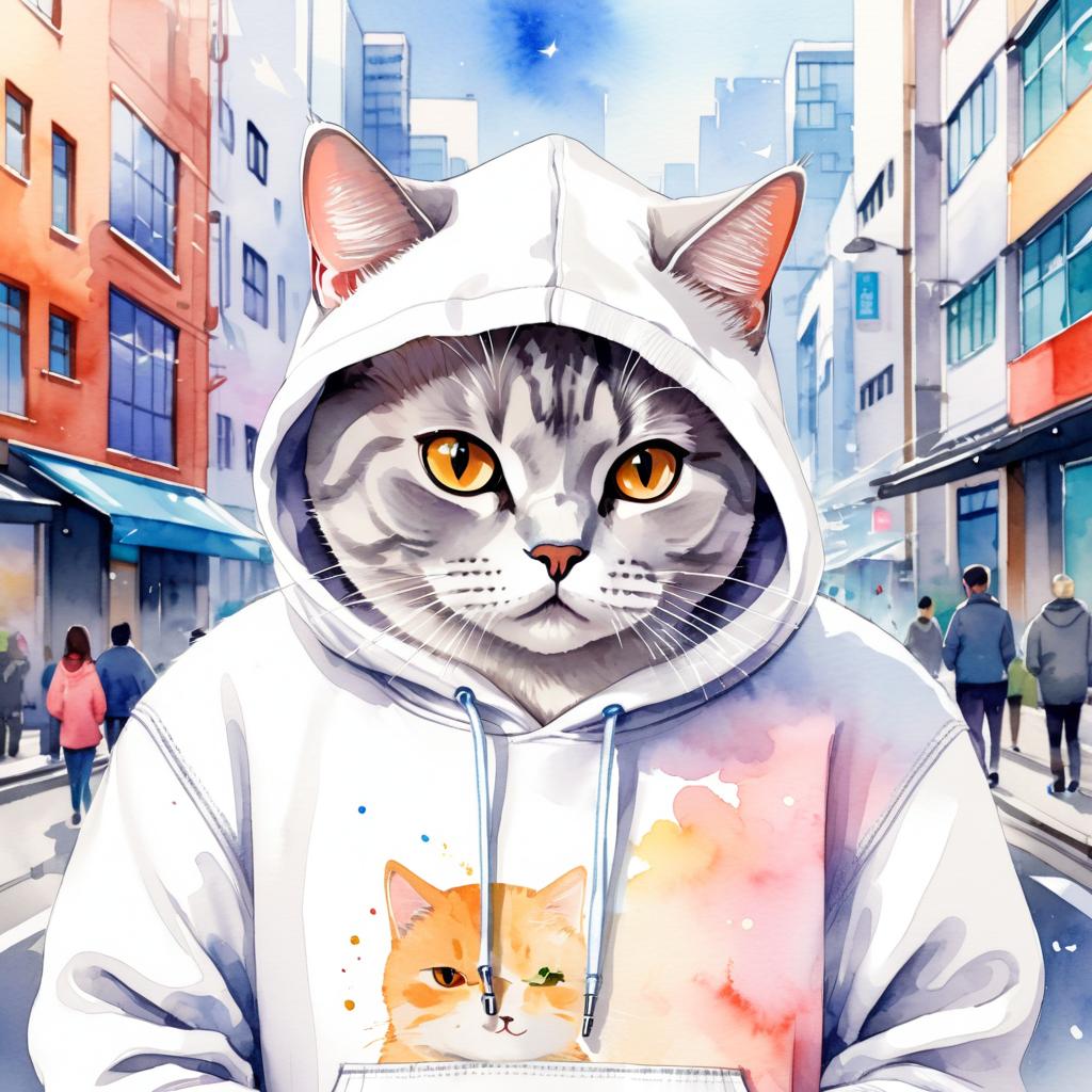 watercolor painting of british shorthair cat in a white hoodie, featuring a vibrant and detailed urban scene with a happy and cute look.