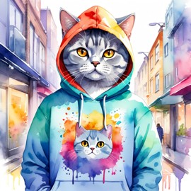 watercolor painting of british shorthair cat in a colorful hoodie, set in a vibrant urban setting, capturing a detailed and happy mood.